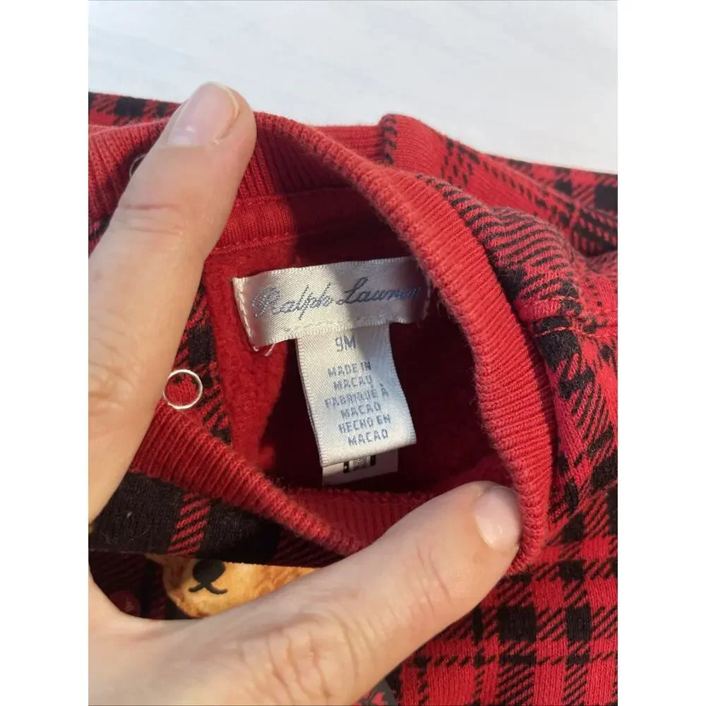 Ralph Lauren Polo Bear Red Plaid Fleece Coverall Sleeper Infant 9 Months